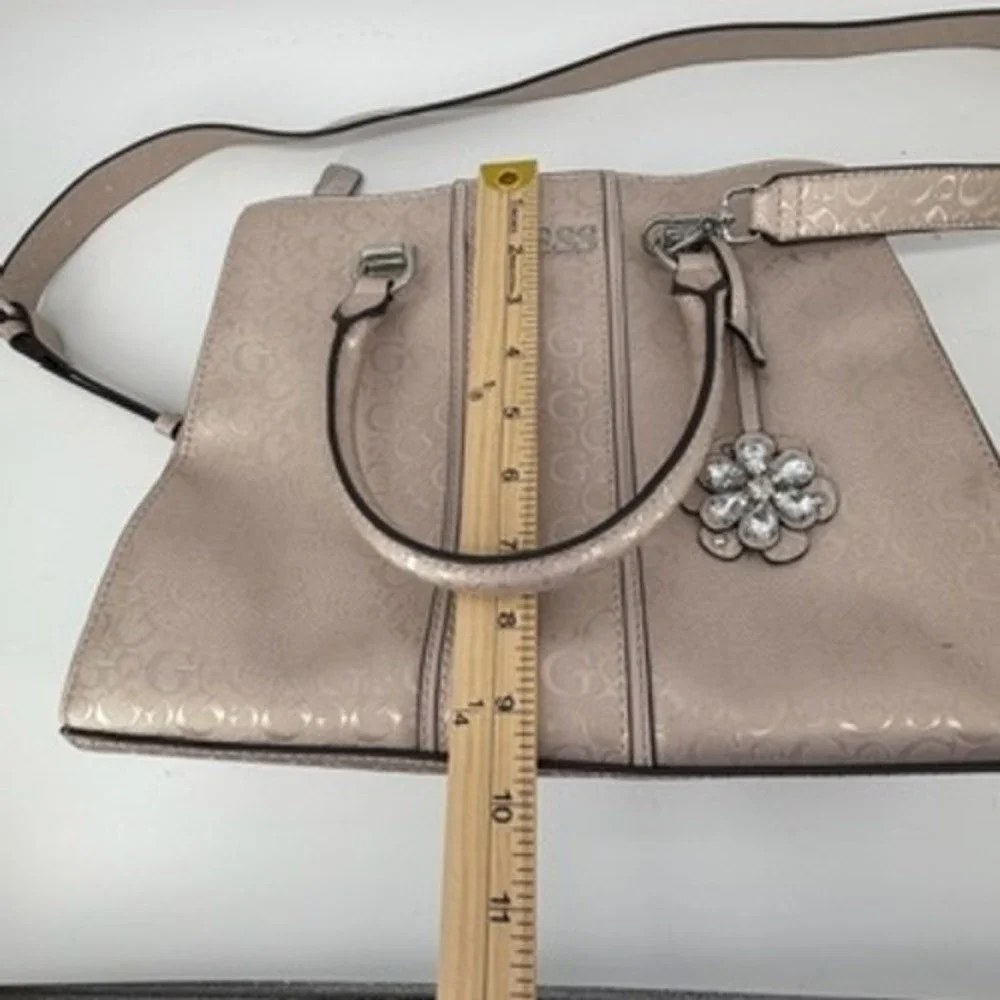 Guess Metallic Champagne Logo Satchel‎ Crossbody Handbag with Flower Charm